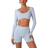 ABOCIW Workout Sets for Women 2 Piece Seamless Color Block Long Sleeve Crop Top Scrunch Butt High Waist Shorts Gym Set