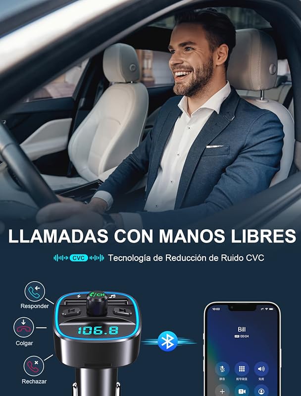 Transmisor FM Bluetooth Coche con Puertos USB Duales (5V/2.4A & 1A) — foto 3 de 7
