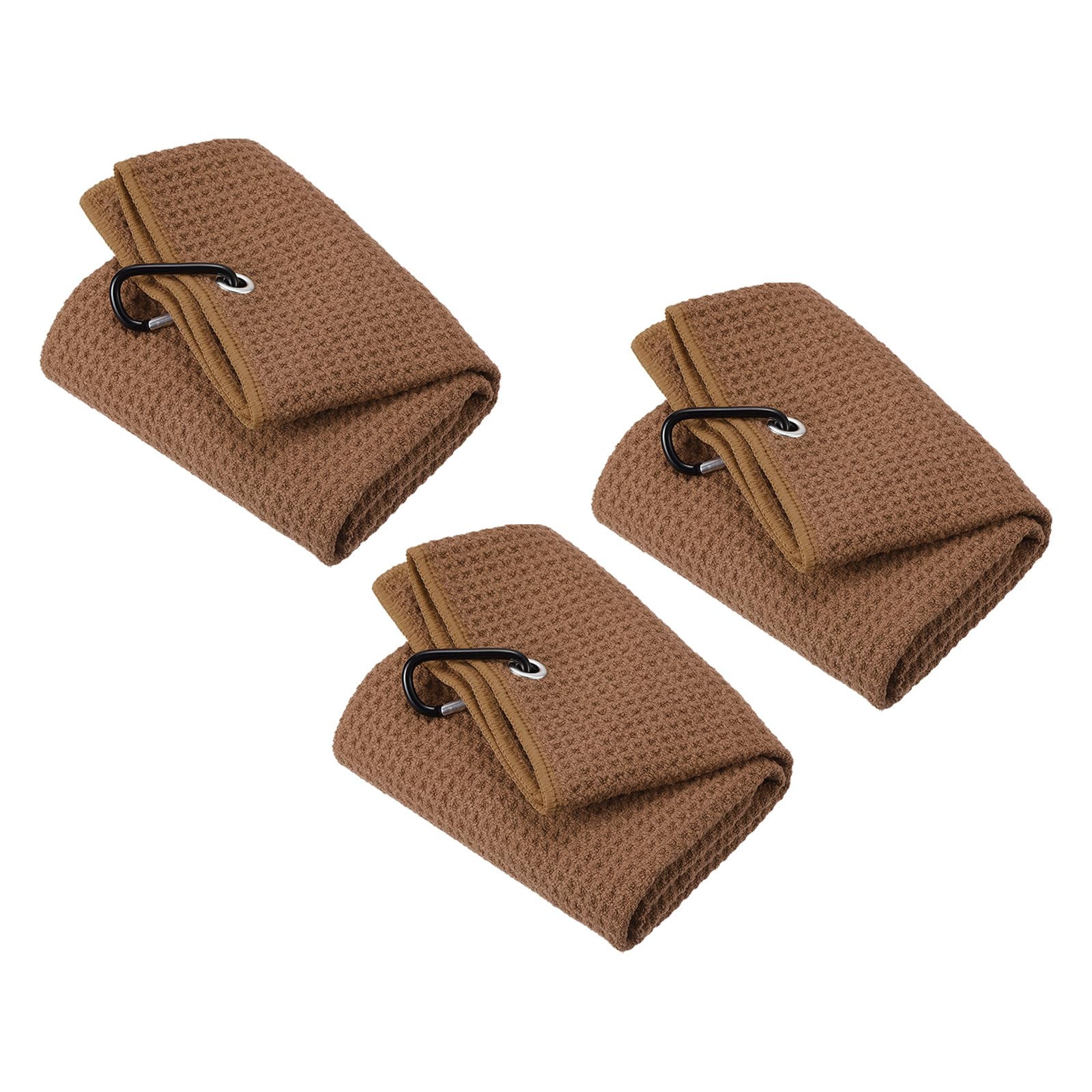 PATIKIL 16"x16" Tri-Fold Golf Towels, 3 Pack Waffle Pattern Towels Soft Fiber Strong Water Absorption with D Clip for Golf Lovers, Brown