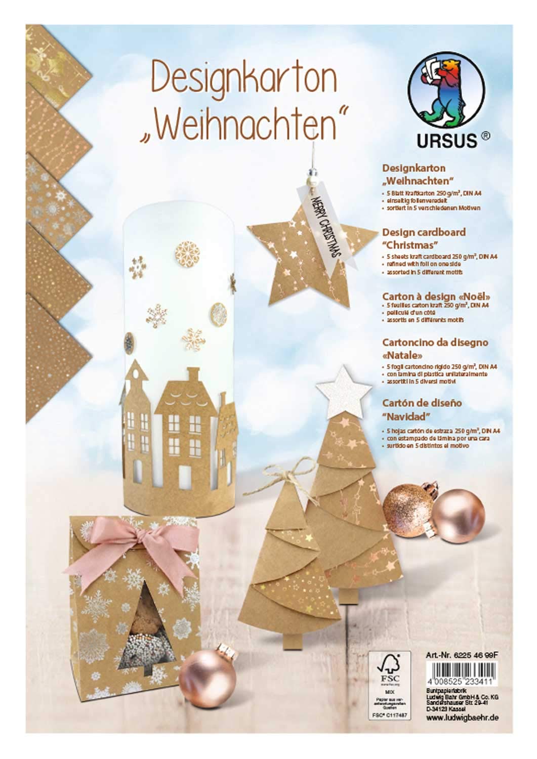 Ursus Design Christmas Card, 5 Sheets Cardboard 250 g/m² DIN A4, Assorted in 5 Designs, Printed on One Side and Refined Film for Decorations, Gift Wrapping and Card Making