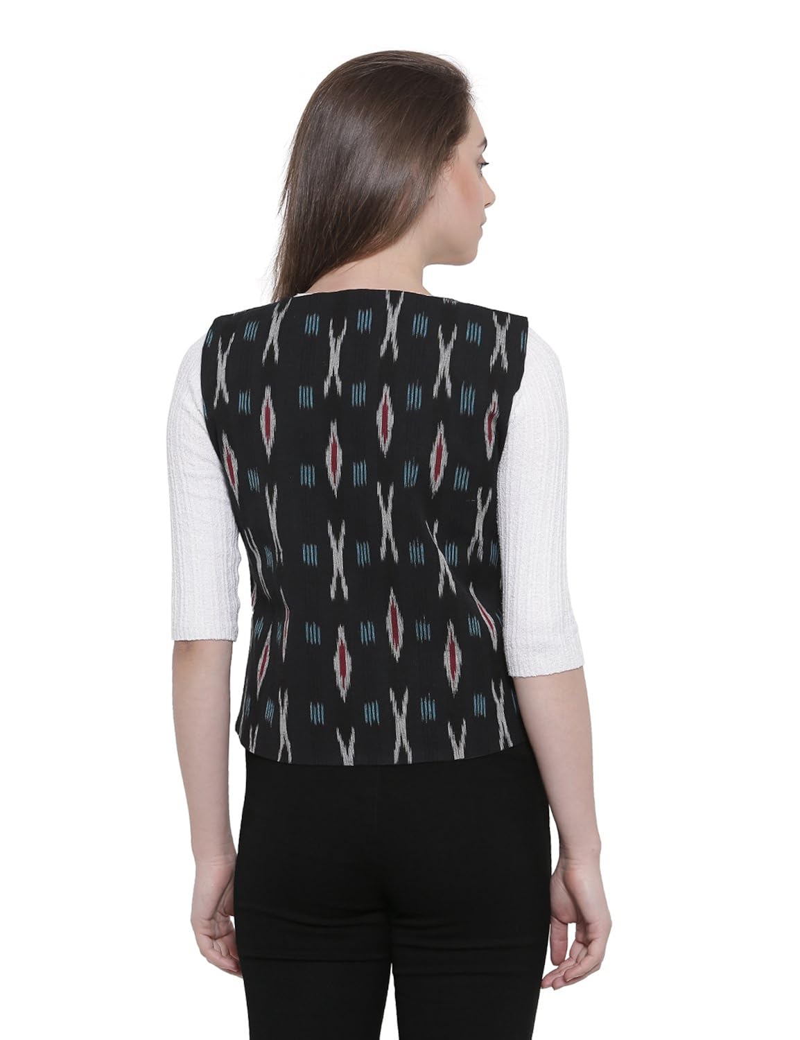 soochirang women's ikat hand woven sleeveless cotton short waist coat