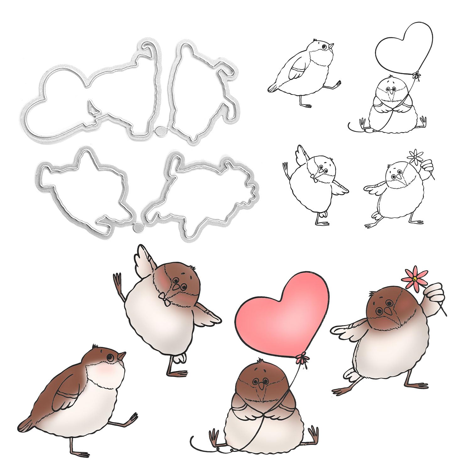 Stamps and Dies for Card Making, Metal Animal Cutting Die Stamp with Heart Funny Birds Stamps and Dies with Silicone Stamp for Paper Albums DIY Arts Crafts