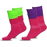 Rthjsfj 2 Pairs Women's Slouch Neon 80s 90s Scrunch Socks Extra Long Knitted Stacked Knee High Socks