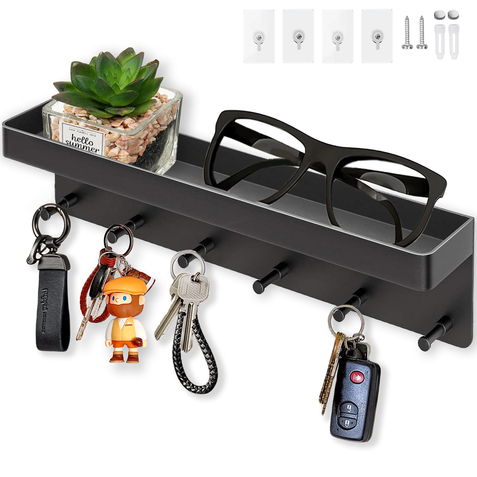 Echehi 6 Hooks Key Holder for Wall, 2 Ways Easy to Install Key and Mail Holder，Key Hooks Wall Mounted for Entrance Area, Hallway, Office. Black