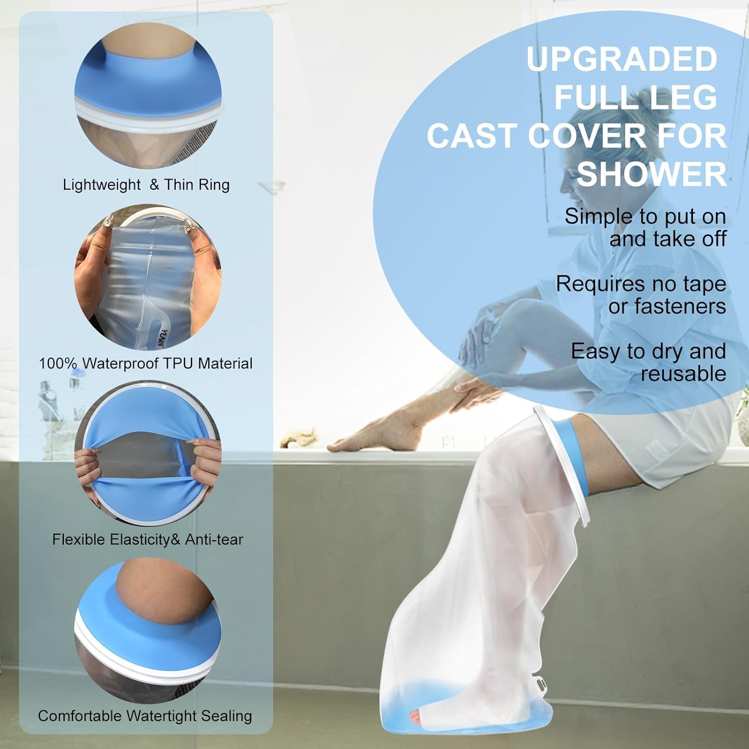 YUNCHI Upgraded Extra Wide Full Leg Cast Cover for Shower after Knee Surgeries with Non-Slip Bottom for Leg Wounds, Bandage, Large Cast, Knee Immobilizer/Brace, Walking Boots, Reusable