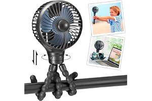 snawowo Mini Portable Baby stroller Fan, Auto Oscillating Battery Operated Personal Small Handheld Fan with Flexible Tripod, Rechargeable Clip On for Car Seat Crib Treadmill Travel Camping Black