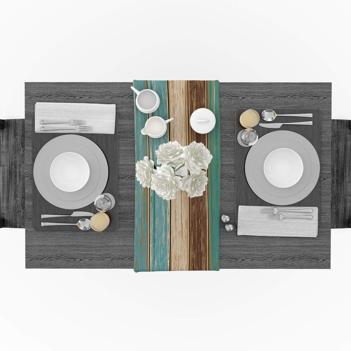 Vandarllin Cotton Linen Table Runner Dresser Scarves Retro Rustic Barn Wood&Teal Green Brown Non-Slip Burlap Rectangle Table Setting Decor for Wedding Party Holiday Dinner Home, (13X70 Inch): Home & Kitchen
