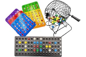 Yuanhe Deluxe Bingo Game Set - 6 Inch Metal Cage with Calling Board, 5 Shutter Slide Cards, 75 Colored Balls, for Large Group Games