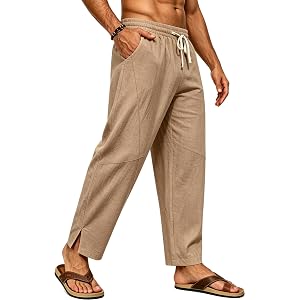 SWOMOG Mens Cotton Linen Harem Pants Baggy Drawstring Summer Beach Pants Lightweight Casual Pants with Pockets