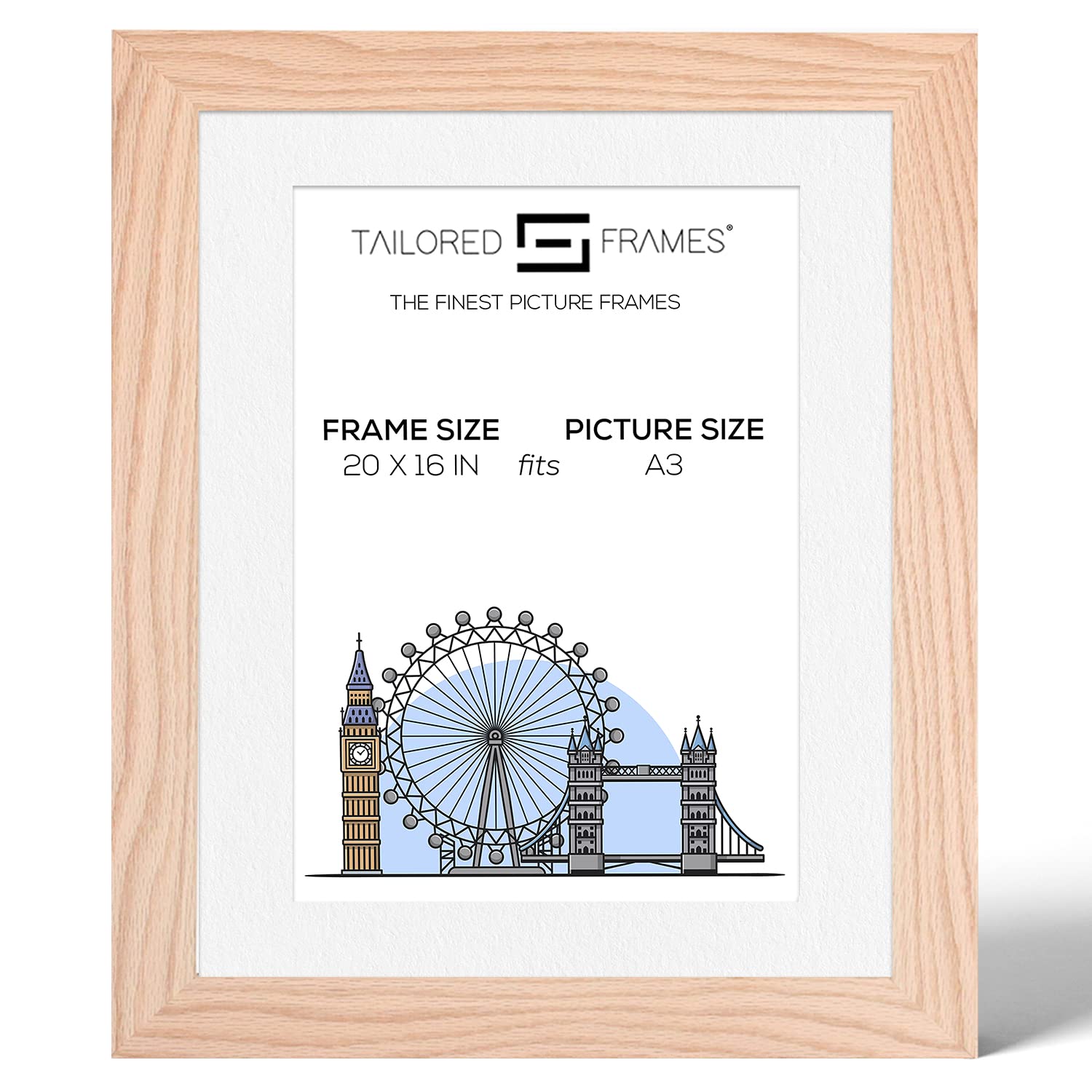 Tailored Frames 99 Solid Natural Oak 20" x 16" Frame for A3 Picture | Single Picture Frames | Wall Hanging Type | Photo Frame with White Mount