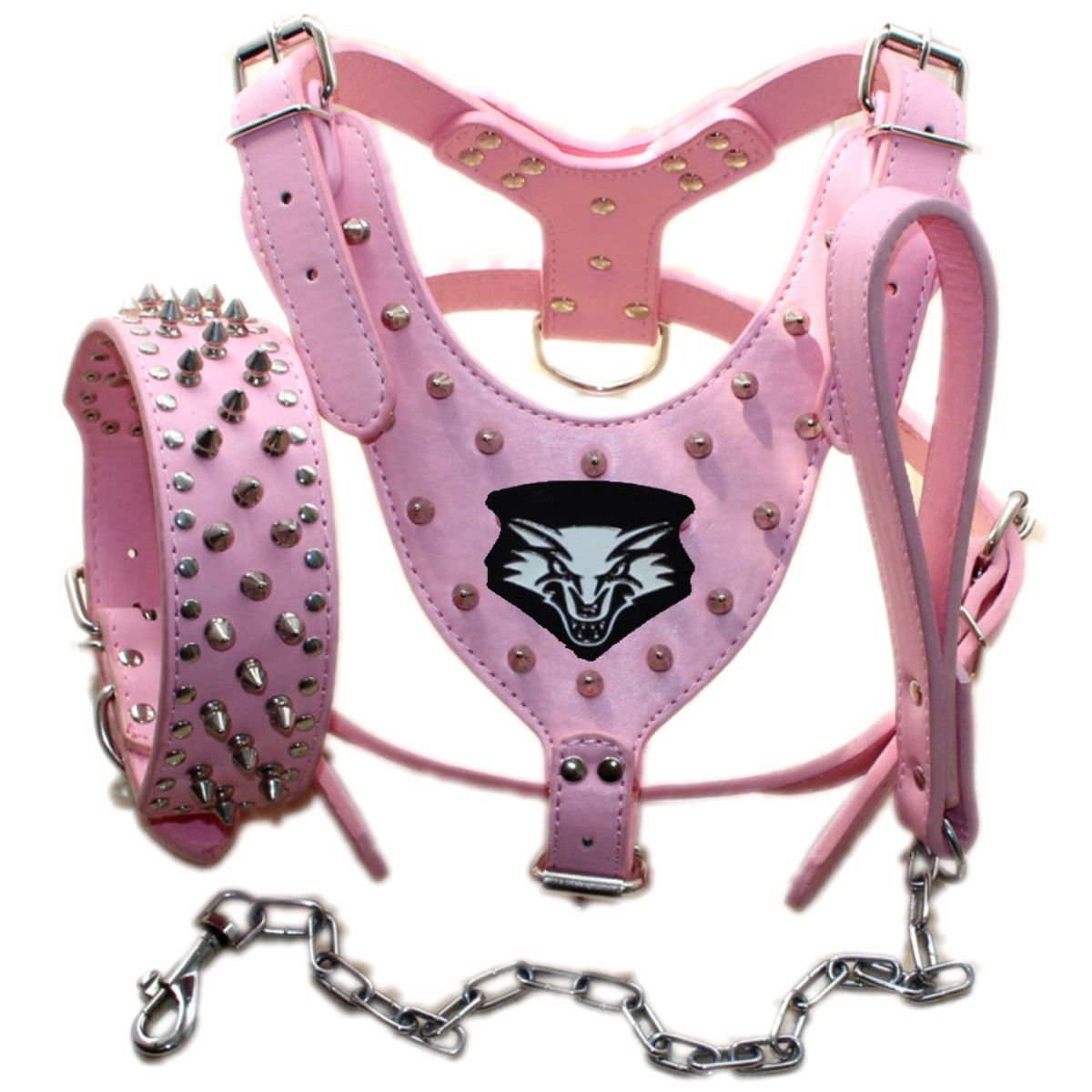 haoyueer Medium & Large Breed Leather Spiked Studded Dog Harness,Collar & Leashes 3Pcs Set for Medium & Large Dog Pit Bull,Mastiff, Boxer, Bull Terrier (L, Pink)