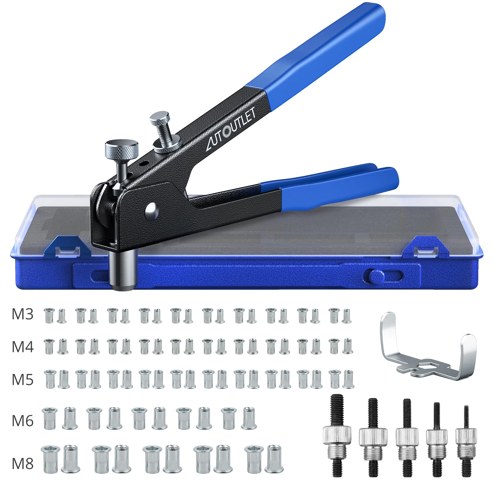 AUTOUTLET 86 PCS Threaded Nut Rivet Tool Riveter Rivnut Nutsert Gun Riveting Kit M3/M4/M5/M6/M8 Aluminum Nuts Blue with Plastic Case