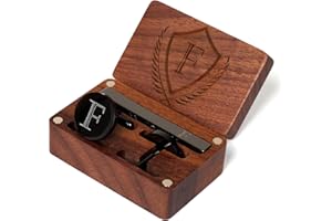 PROPHET CLUE PC Mens Initial Cufflinks and Tie Clip A-Z Alphabet Letter Black Stainless Cuff Links Tie Bar with Engraved Walnut Wood Box Groom Groomsman Wedding Set