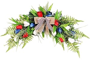 MISNODE 23.6 Inch Artificial Tulip Flower Swag, Red White Blue Tulip Independence Day Decorative Swag, 4th of July Front Door Garland Patriotic Floral Wreath for Home Garden Lintel Arch