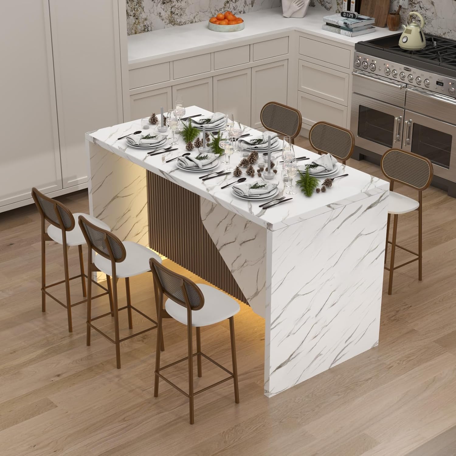 Photo 1 of **DAMAGE TO CORNERS**Dining Room Island Table with LED Lights – Modern Marble-Look Tabletop for 6–8 – Sleek Grille Design, White Finish – Ideal for Kitchen, Home, or Living Room
