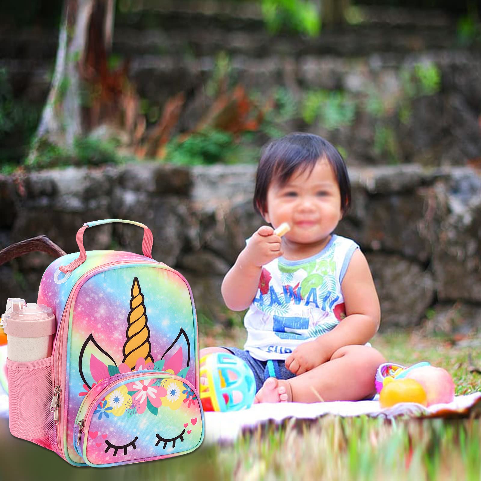 BTOOP Lunch Box Kids Girls Insulated Lunch Bag Toddler Cute Reusable Thermal Meal Cooler Tote Bags with Removable Shoulder Strap for School Travel (O-Rainbow)