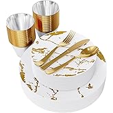 JOLLY PARTY 180PCS Disposable Dinnerware Set 30 Guest, 60 White and Gold Plastic Plates, 30 Plastic Silverware, 30 Cups, Marble Design Disposable Dinnerware for Wedding, Thanksgiving and Parties