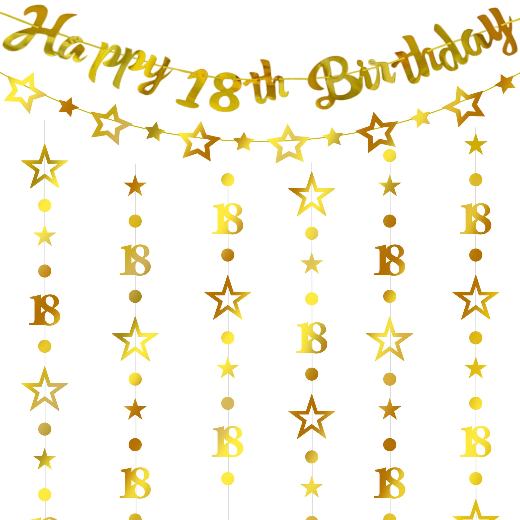 18th Birthday Decorations Gold Banner - 4 Pcs Gold Happy 18th Birthday Garland Banner Number 18 Circle Dot Twinkle Star Garland Hanging Streamer for 18 Year Old Eighteen Anniversary Party Supplies