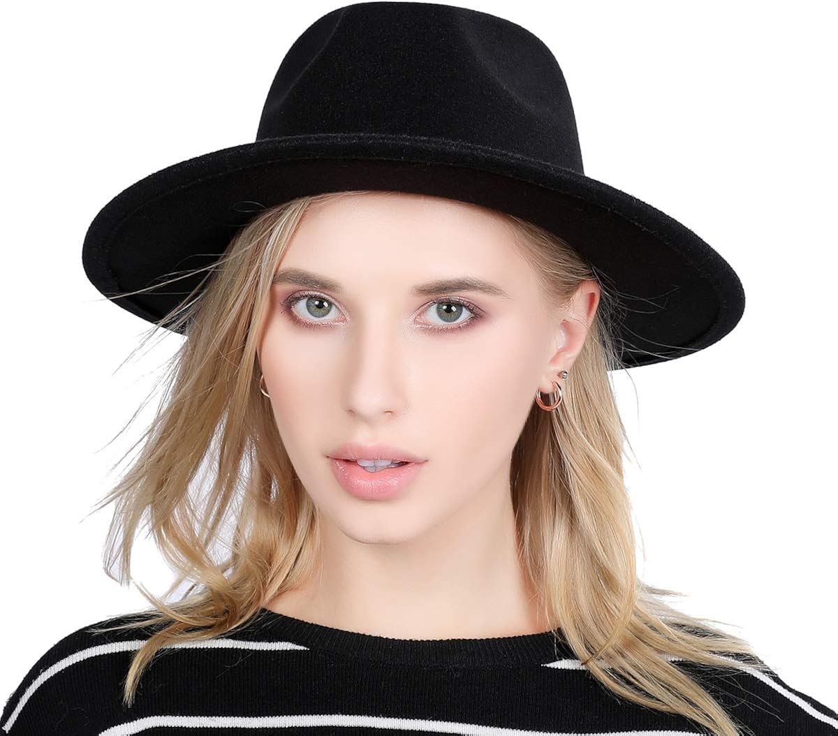 Lanzom Women Lady Retro Wide Brim Floppy Panama Hat Belt Buckle Wool Fedora Hat (Black, One Size) at  Women’s Clothing store