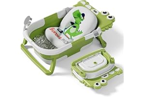 TAVLSHERO Alligator Collapsible Baby Bathtub for Newborn with Thermometer & 1 Soft Floating Cushion & Drain Hole, Foldable & Portable Travel Baby Bath Tub for Newborns to Toddlers 0-36 Months Boys Perfect Gift