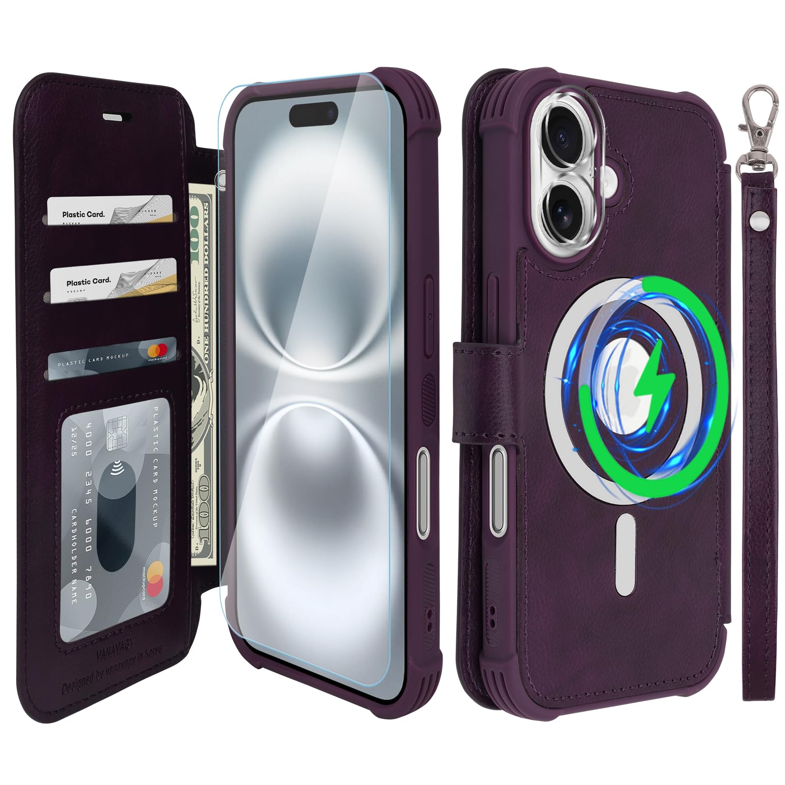 VANAVAGY Compatible for iPhone 16 Wallet Case for Magsafe Wireless Charging,Leather Flip Folio Wrist [Glass Screen Protectors and Camera Lens Protectors]with RFID Block Card Holder,Purple