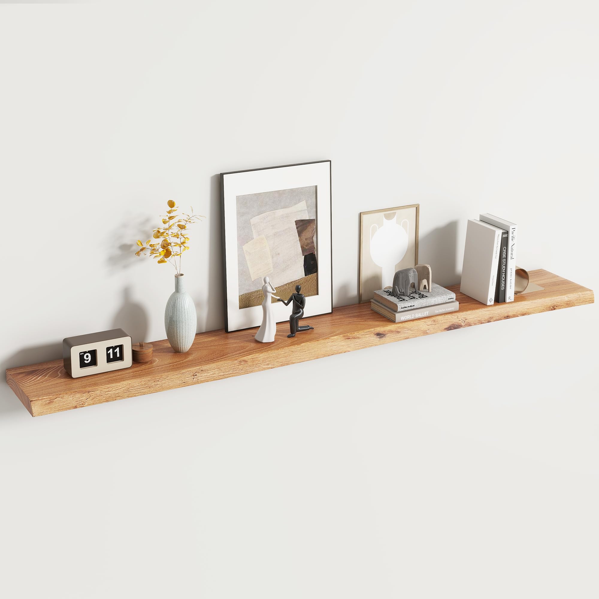 Photo 1 of Rustic Elm Wood Floating Shelf for Wall, Live Edge 72"W x 9.2"D x 1.4"H, 1 Pack with Invisible Bracket, Large Wall Mounted Storage Shelf for Living Room Bedroom Kitchen Bathroom Decor, Natural Finish