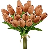 Mandy's Artificial Tulips 20 Stems Burnt Orange PU Faux Flowers for Valentine's Day and Easter Decorations Wedding Home Decor 13.5 Inch