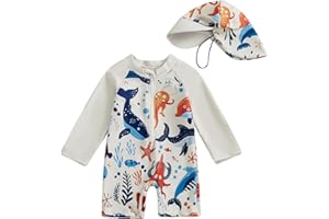 Lucikamy Toddler Baby Boy Girls One Piece Swimsuit Long Sleeve Zipper Bathing Suit with Hat Infant Rash Guard Swimwear
