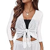 Women Crop Cardigan Sheer Mesh Bolero Shrug for Dress Tie Front 3/4 Sleeve Tops