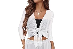 CHICGAL Women Crop Cardigan Sheer Mesh Bolero Shrug for Dress Tie Front 3/4 Sleeve Tops