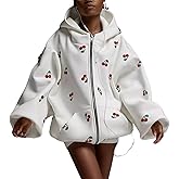 Xunger Women's Cute Cherry Hoodie Long Sleeve Zip Up Printed Jacket Oversized Warm Sweatshirt with Pocket