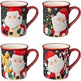 Christmas Whimsy Santa Set of 4 Mugs – 18oz Holiday Coffee Cups with Red Handle and Assorted Santa Designs – Microwave & Dishwasher Safe – Festive Drinkware for Hot Cocoa & Tea