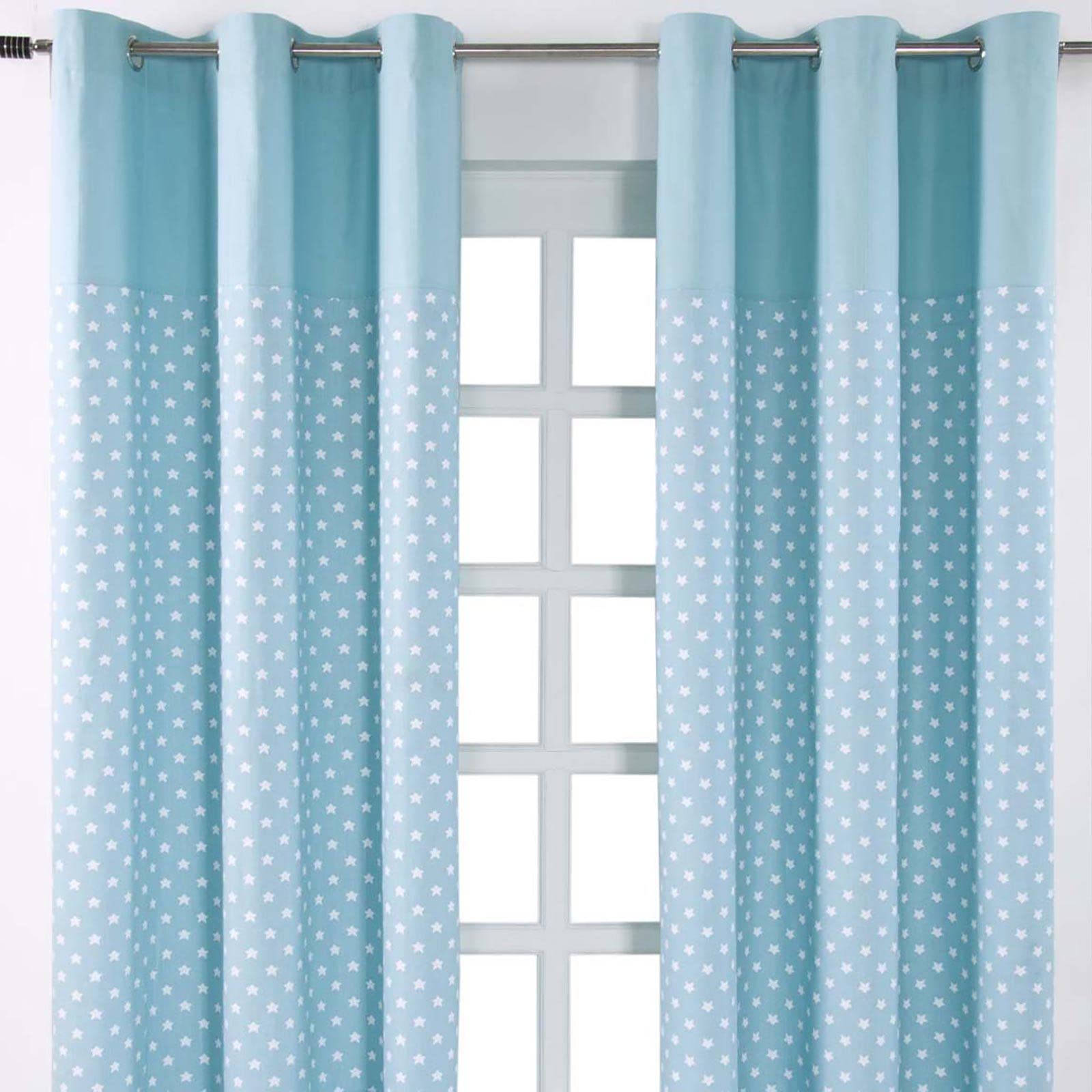 HOMESCAPES 100% Cotton Unlined Eyelet Curtain Pair - Stars - Blue - 137cm (54") Wide x 228cm (90") Drop