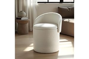 Aykah Cloud Boucle Ottoman Vanity Stool with Storage, Round Ottoman with Lid, Upholstered Teddy Fabric (Whipped Vanilla)