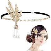 Lnngub Flapper Headband,1920s Headband with Leaf Rhinestones Headpiece Pearl Tassel Head Bands Roaring 1920s Headpiece for Women(Gold)