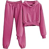 LTSCNRM Women's 2 Piece Airport Outfits Fleece Crop Hoodies Pullover Sweatshirt Sweatsuits Joggers Pants Pockets