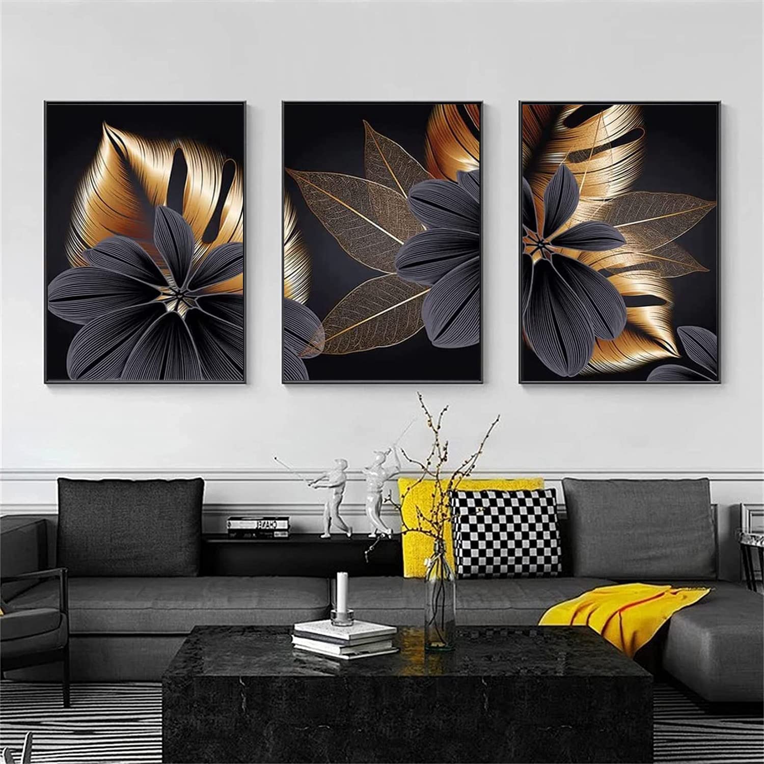 Canvas Painting, Black and Gold Plant Leaves, Design Poster Set, 3-Piece Set, Background Wall Art Mural Printing Picture, Living Room Home Decoration, Art Poster Decoration, Frameless (50X70CM*3)
