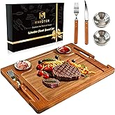 Acacia Wooden Steak Board - Reversible Charcuterie Boards Cutting Board Set with Fork, Knife and 2 SUS304 Ramekins,15.7” Wood Serving Board for Home BBQ,Mother's Day Gift for Women (1 Set)