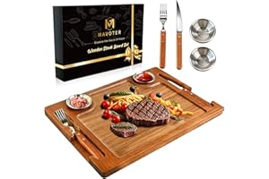Acacia Wooden Steak Board - Steak Plate Cutting Board with Fork, Knife and Ramekins,15.7” Wood Serving Board for Home BBQ,Val