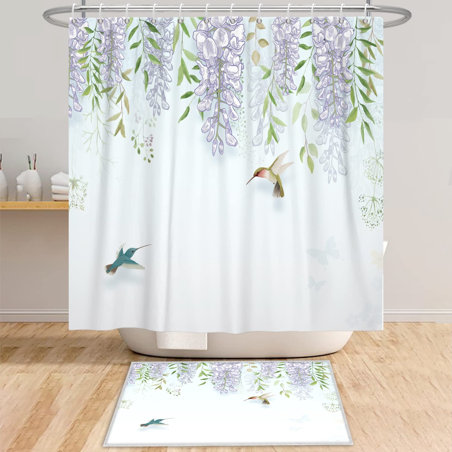 Bovlleetd 71x71inch Flower Shower Curtain for Bath, Purple Wisteria Bathroom Curtains Plant Hummingbird Spring Landscape Bathroom Decor Curtain Waterproof Bath Curtain
