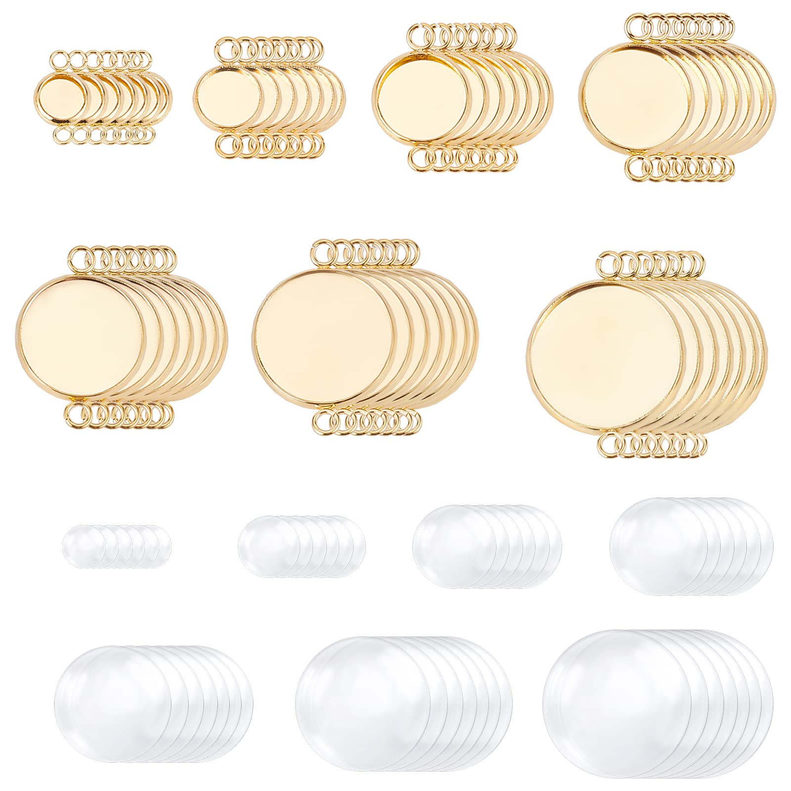 UNICRAFTALE 42 Sets 7 Sizes 6-20mm Blank Pendant Tray Golden Stainless Steel Cabochon Connector Settings Flat Round Links Connector Pendant Base with Glass Cabochons for Jewelry Making