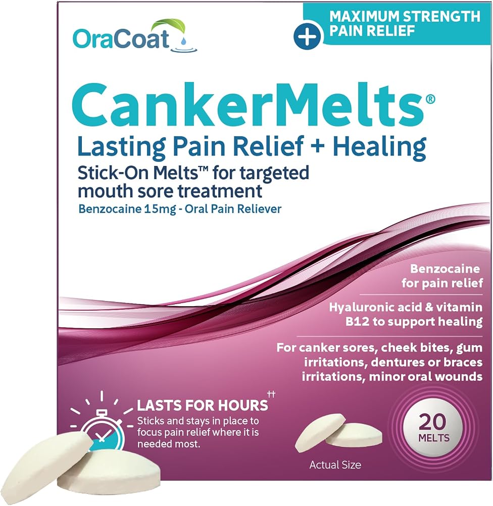Oracoat CankerMelts Stick-On Melts Canker Sore Treatment for Mouth Sores with 15mg Benzocaine, Hyaluronic Acid & Vitamin E