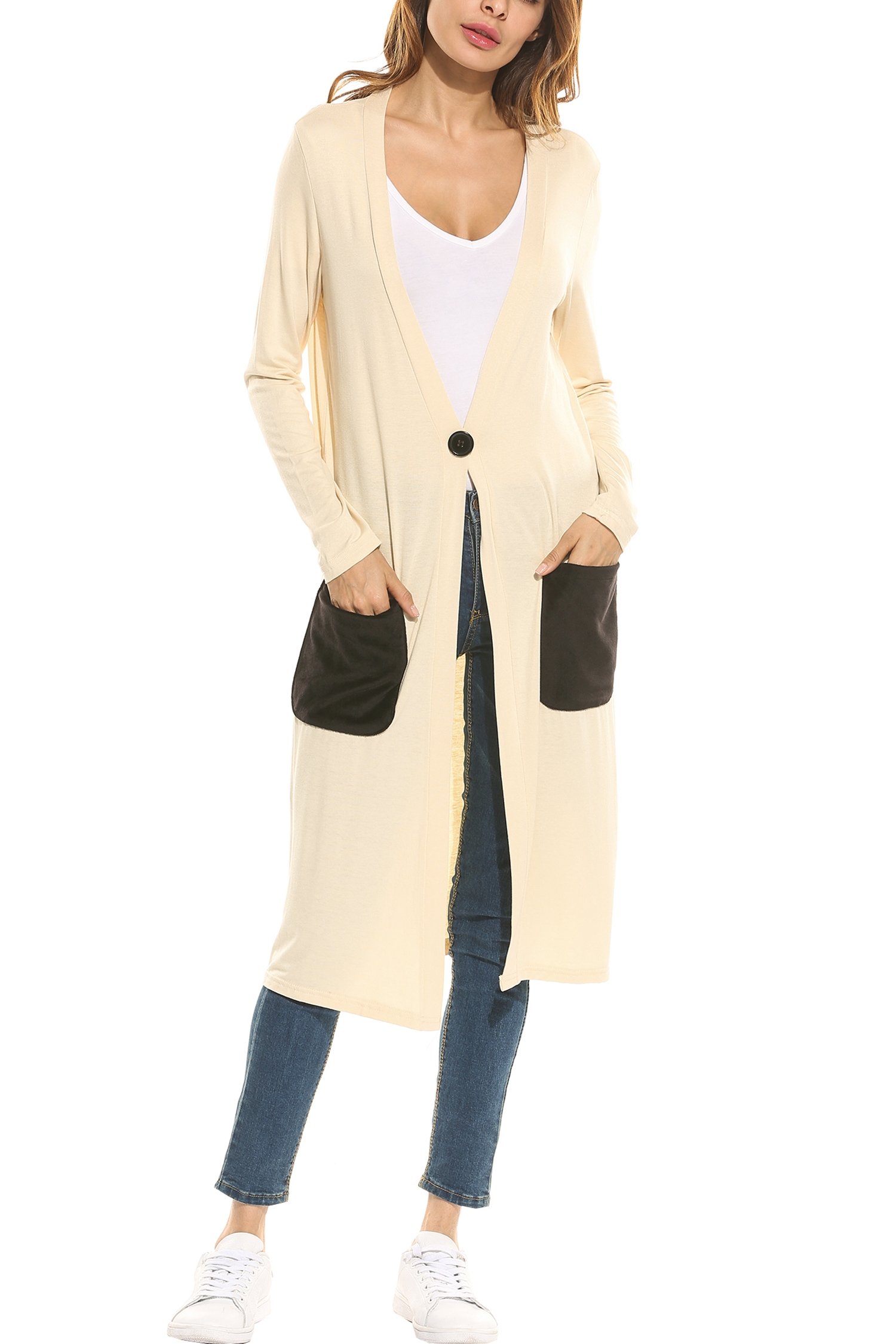 Meaneor Women\'s Open Front Long Sleeve Waterfall Classic Knit Cardigan Off White M