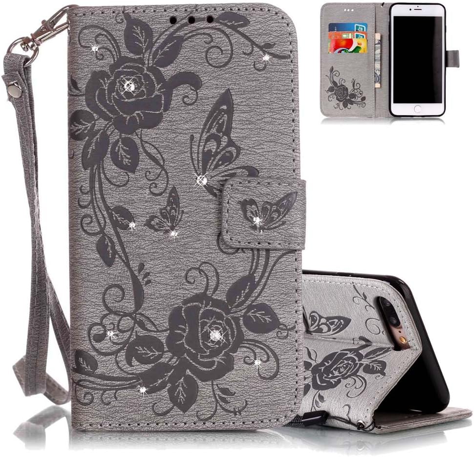 Aeeque iPhone 8Plus Wallet Cover 3D Bling, Simple Grey Butterfly Flower Pattern and PU Leather Flip Stand Magnetic Closure Phone Case for iPhone 8 Plus (2017)/iPhone 7 Plus (2016) with Card Slots