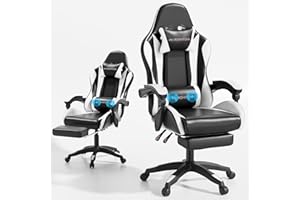 Mr IRONSTONE Gaming Chair, Computer Chair with Massage Lumbar Support and Footrest Height Adjustable, Game Chair with 360°-Swivel Seat and Headrest, for Office or Gaming, Black/White
