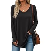 Oakgarden Women's Long Sleeve Oversized Cotton Shirts | Casual V Neck Loose Fit Tops, Basic Stretch Curved Hem Tees, Goingout Workout T-Shirt, Thumb Holes, Fashion Fall Clothes