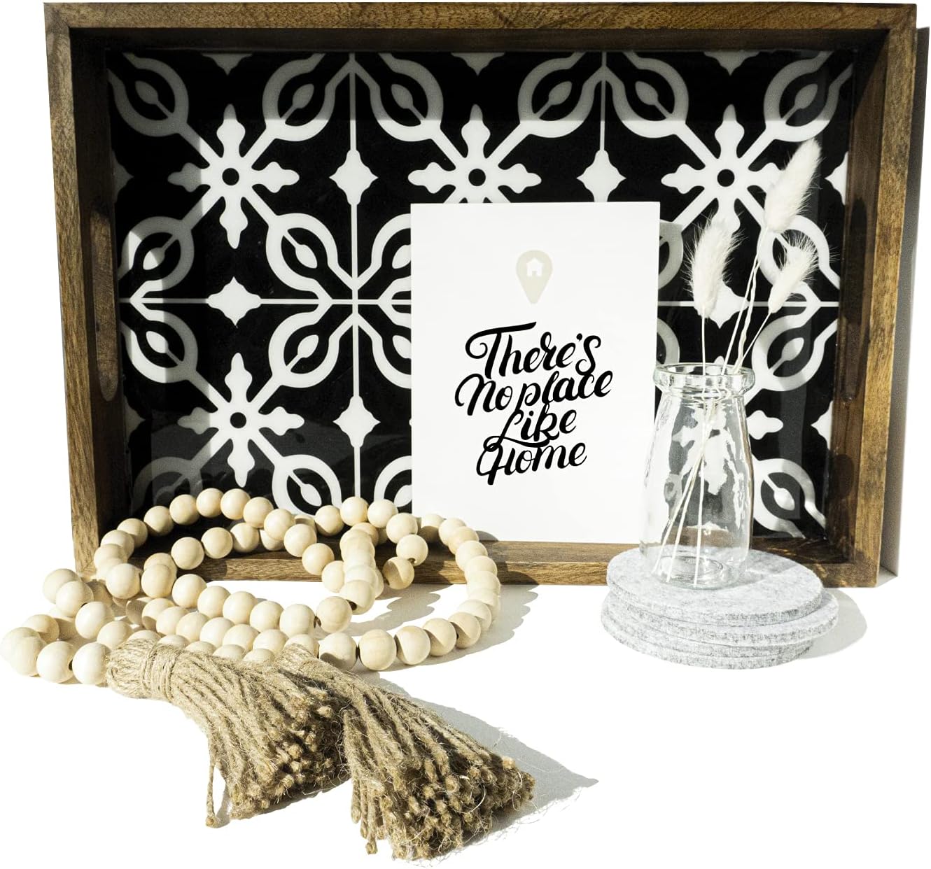 UPMODERN Housewarming Gift - Coffee Table Tray, Wood Bead Garland, Bunny Tail Grass, Felt Coasters - Housewarming Gift New Home Decor, Wedding Gift, House Warming Presents, Closing Gift