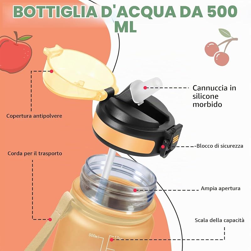 Borraccia- 500ml- Borraccia Bambini, Borracce con Cannuccia, Senza Perdite, Water Bottle Motivazionale, Facile da Trasportare, Bottiglia con Orari per Bere, Con Slogan Motivazionale, per Scuole, Sport