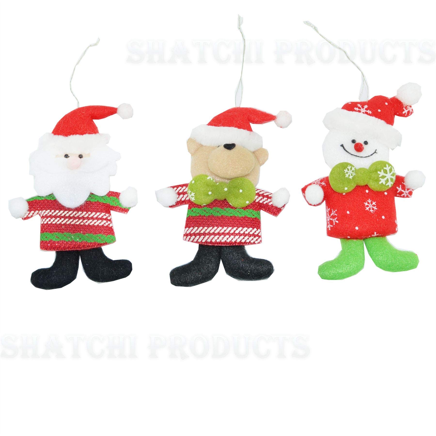 Shatchi 3pcs Handmade Novelty Christmas Tree Hanging Xmas Home Decor Stocking Fillers Santa Snowman Reindeer Teddy Toys Gifts 6116, Multi, 12-14cm, CHRISTMAS-HANGING-DECORATION-6116