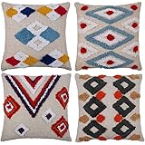YOUMU Set of 4 Boho Tribal Throw Pillow Covers 18X18 Inch Tufted Linen Decorative Bohemian Throw Pillow- Bohemian Woven Pillow Cases Soft Handwoven Textured Cushion Shell for Home Couch Sofa Pillows